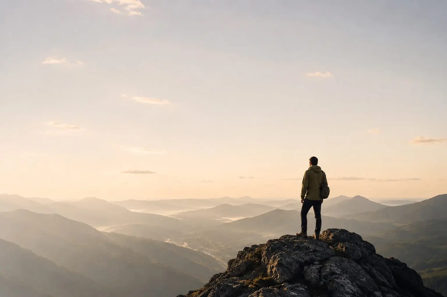 A person standing on a mountain ridge above a wide landscape